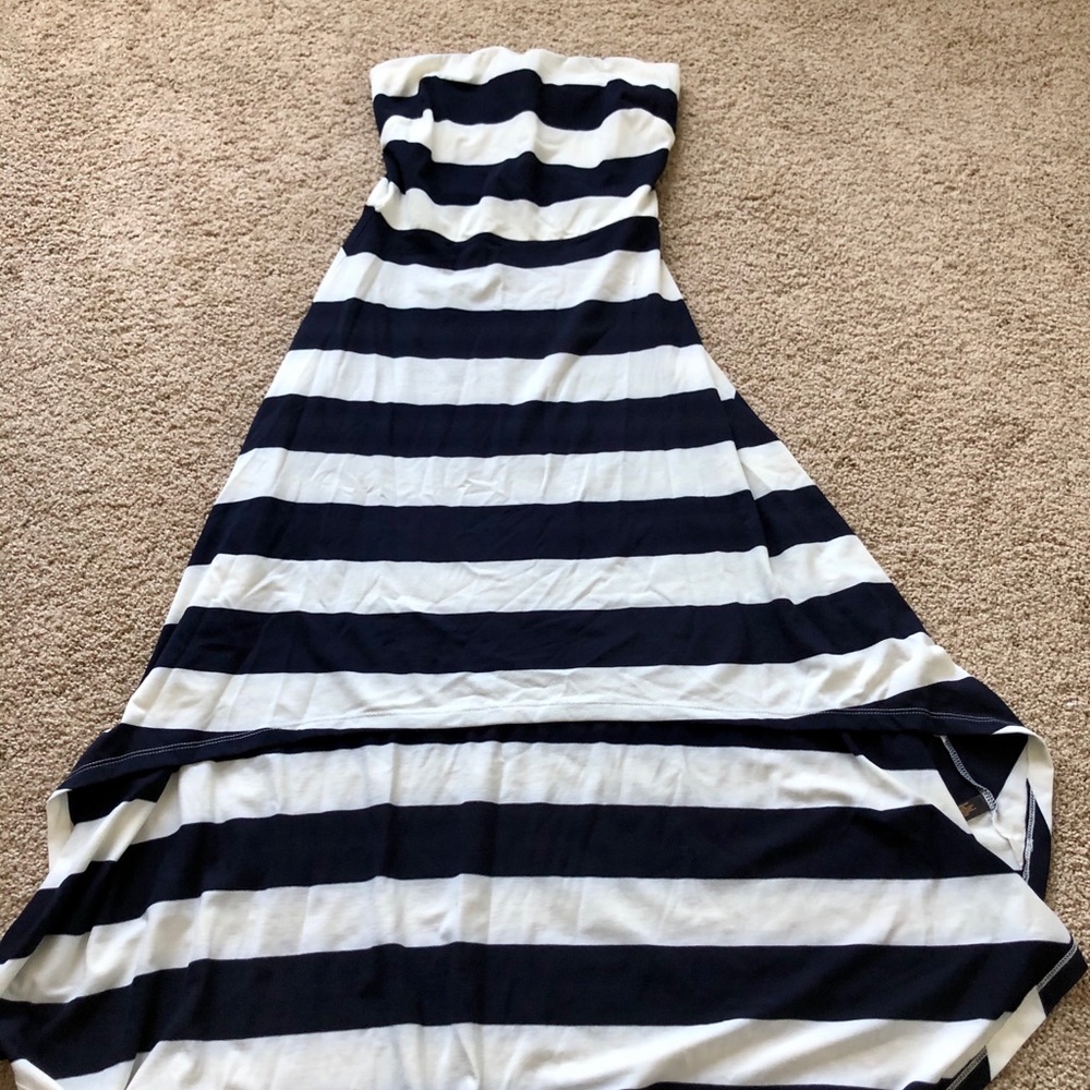 Hi-low navy and white strapless dress